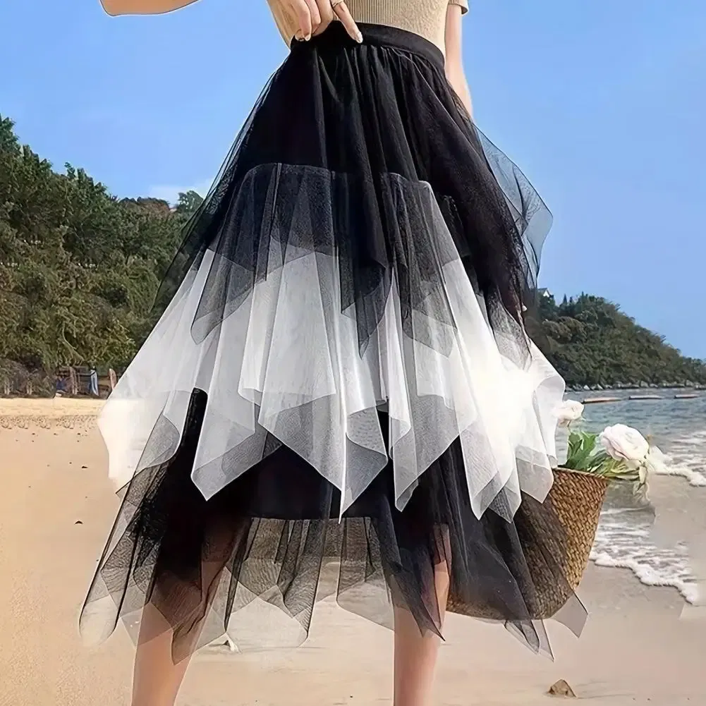 Color: WHITE, Size: S - 2025 Irregular Mesh Women Skirt High Elastic Waist Colorful Mesh Multi-layered Soft Mid-calf Length Pleated Women Midi Skirt