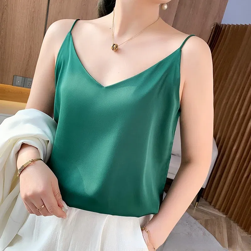 Color: WHITE, Size: L - Fashion Silky Camisole Women's Inner With White Bottoming Satin Top Summer V-neck Thin Section