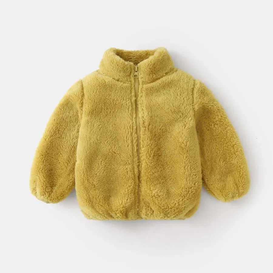 Color: Gold, Kid Size: 12M - Solid Color Fashion Children Plush Coat Autumn Winter Warm Baby Girl Boy Casual Jacket Greatcoat Kids Clothing Toddler Outerwear