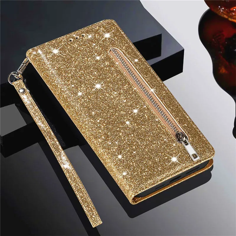 Color: Gold, Material: PC - Zipper Flip Wallet Glitter Leather Case for iPhone 16 15 14 13 12 11 Pro Max XS XR 8 7 Plus SE 2022 Mini Bling Stand Phone Cover