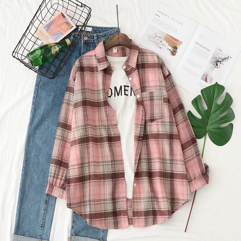 Color: DEEP BLUE, Size: S - Fresh Flannel Plaid Shirt Women 2025 New Female Blouses and Tops Cotton Loose Long Sleeve Casual Shirts Fine Women's Clothes