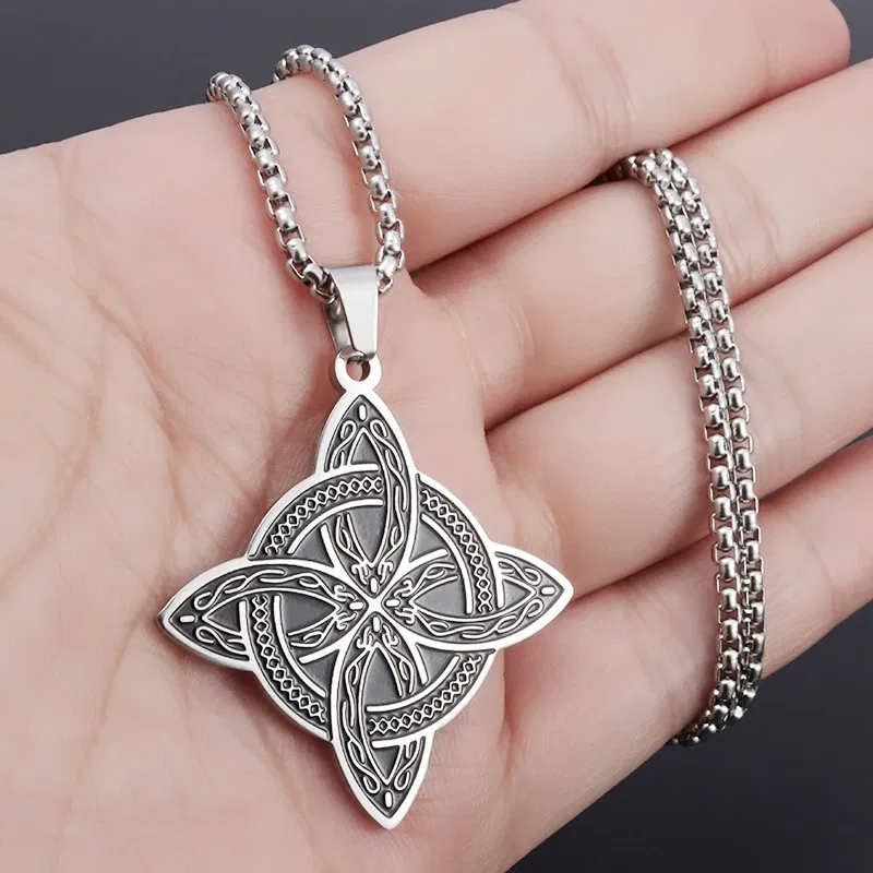 Metal Color: SILVER PLATED - Stainless Steel Silver Color Pattern Witch Knot Pendant Necklace Celtic Knot Lucky Jewelry Gift for Friends Family