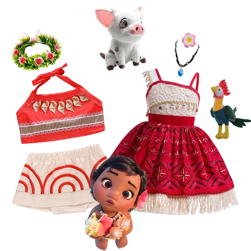 Color: Beige, Kid Size: 12 - Disney New Moana Dress Costumes Kids Girl Cosplay Toddler Movie Ocean Adventure Infant Frock Halloween Party With Chick Clothes