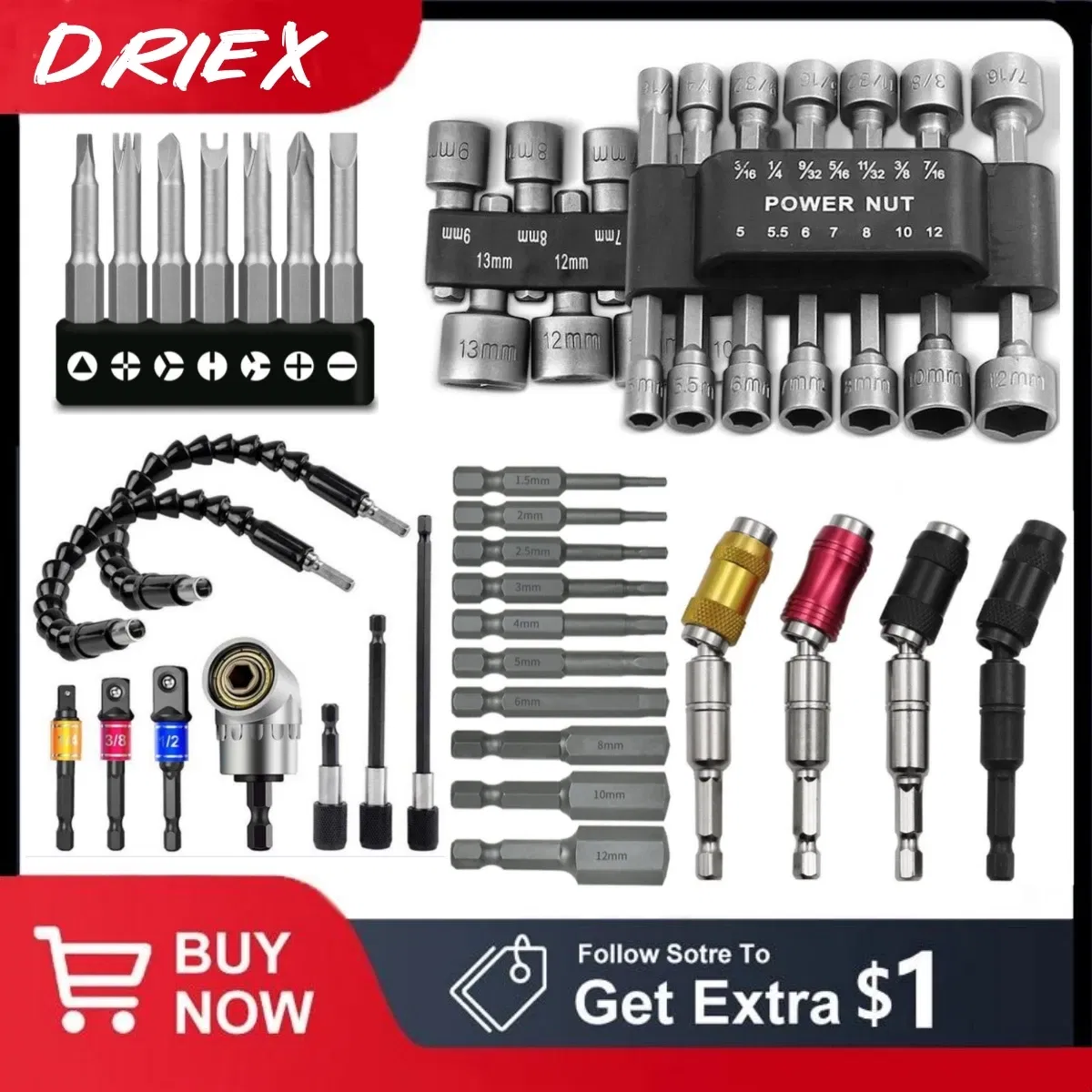 Color: Blue - Flexible Drill Extension Hex Shank Drill Nut Driver Bit Set Bendable Drill Bit Extension+ScrewdriverBit+Universal Socket Adapter