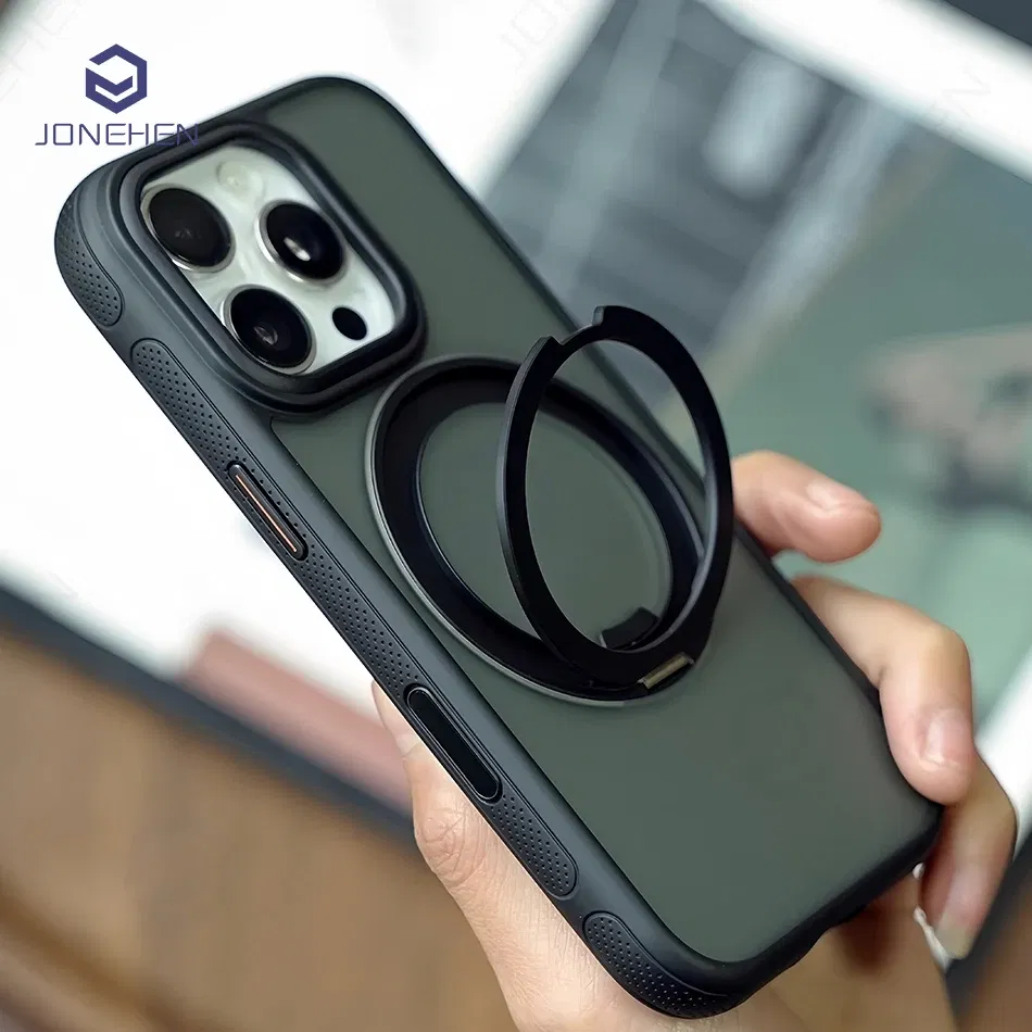 Color: Beige, Material: POLYESTER - 360?° Rotation Ring Stand Magnetic Case For iPhone 13 14 15 16 17 Pro Max 16E Matte Military Shockproof Armor Cover For Magsafe