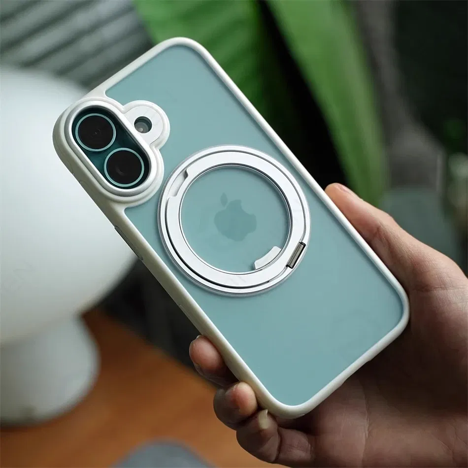 Color: Beige, Material: POLYESTER - 360?° Rotation Ring Stand Magnetic Case For iPhone 13 14 15 16 17 Pro Max 16E Matte Military Shockproof Armor Cover For Magsafe