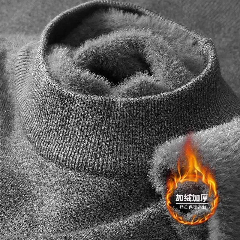 Color: GRAY, Size: XXXL - Plush Men's Knitted Sweater Turtleneck with Velvet Padded Warm Solid Pullovers Autumn Winter Thick Bottom Casual O-Neck Sweater