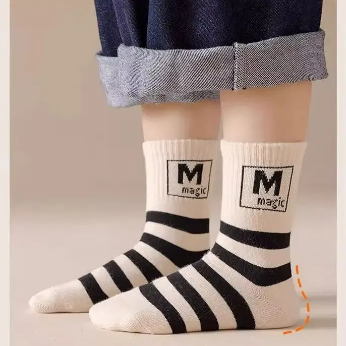 Color: Brown, Size: 2-3T - Spring Autumn Socks Kids Cotton Socks 5 pairs/bag Mid Calf Socks Striped Letter Pattern Children Sporty Socks Boys Socks