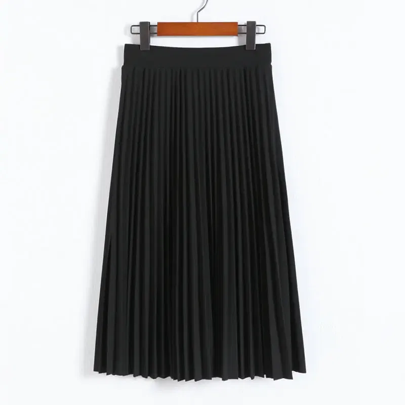 Color: black, Size: One Size - Spring and Autumn New Fashion Women's High Waist Pleated Solid Color Half Length Elastic Skirt Promotions Lady Black Pink