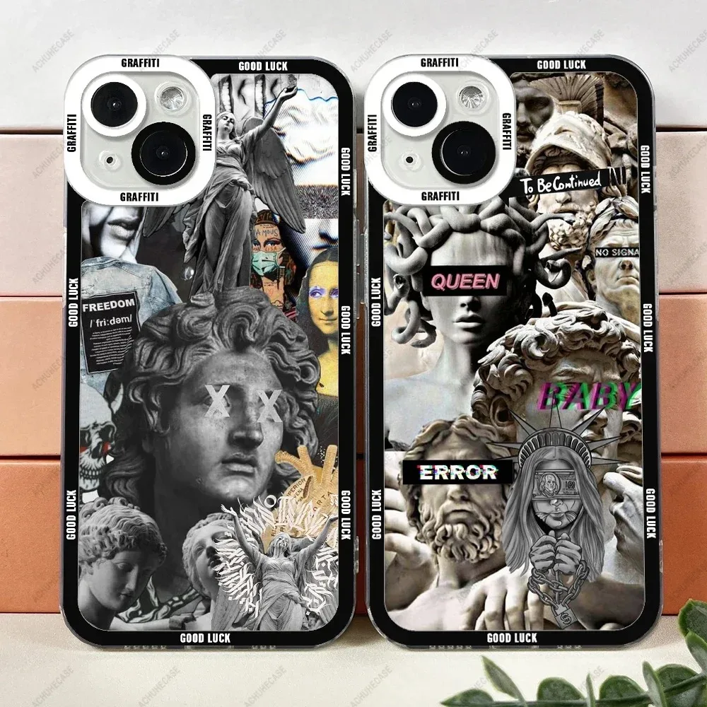 Color: GRAY, Material: Silicon - Aesthetic Statue Art Phone Case For iPhone 16 15 14 13 12 11 Pro Max XS X XR Plus Mini Luxury Transparent Soft Funda