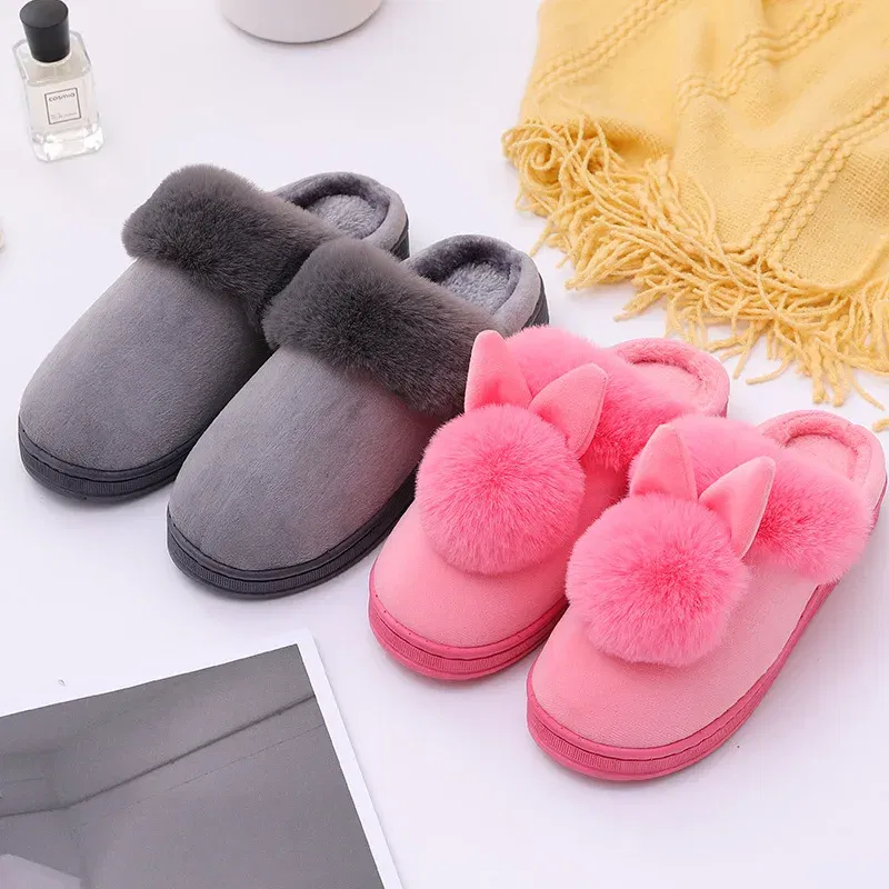 Color: GRAY, Shoe Size: 33.5 - 2023 Autumn Winter Women Men Cotton Slippers Rabbit Ear Home Indoor Home Slides Warm Shoes Women'S Cute Plus Plush Slippers