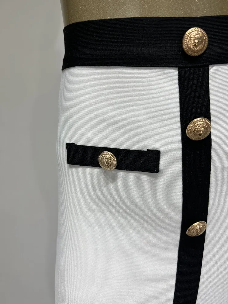 Color: black, Size: XL - New Arrival Women Button Patchwork White Black Bodycon Bandage Skirt 2024 Designer High Waist Party Club Pencil Skirt 60cm