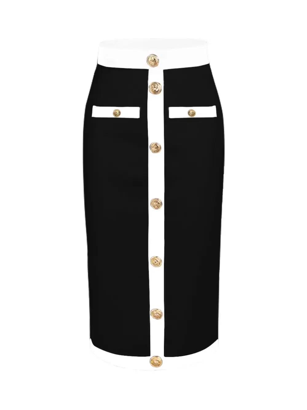 Color: black, Size: XL - New Arrival Women Button Patchwork White Black Bodycon Bandage Skirt 2024 Designer High Waist Party Club Pencil Skirt 60cm