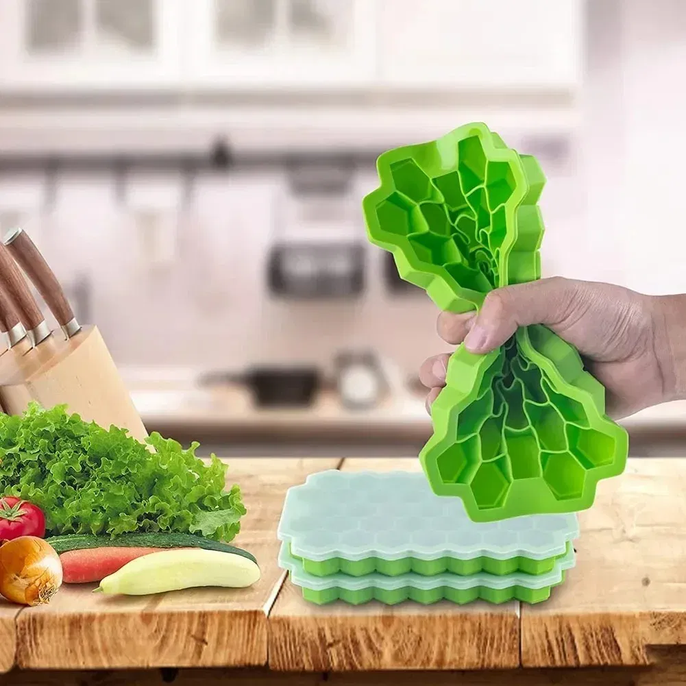 Color: Red - 37 Cavity Honeycomb Ice Cube Trays Reusable Silicone Ice Cube Mold BPA Free Ice Maker with Removable Lids