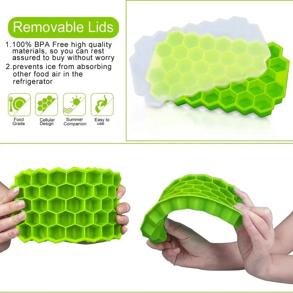 Color: Red - 37 Cavity Honeycomb Ice Cube Trays Reusable Silicone Ice Cube Mold BPA Free Ice Maker with Removable Lids