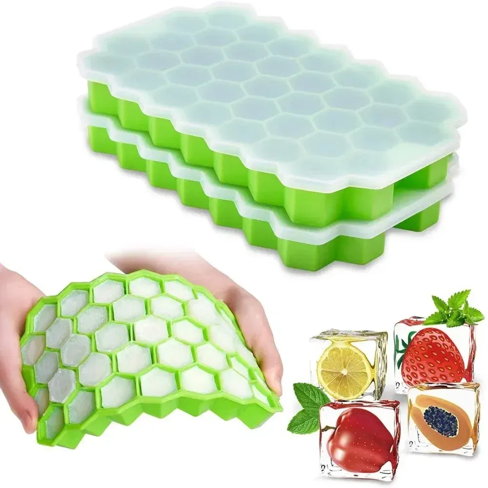 Color: Red - 37 Cavity Honeycomb Ice Cube Trays Reusable Silicone Ice Cube Mold BPA Free Ice Maker with Removable Lids