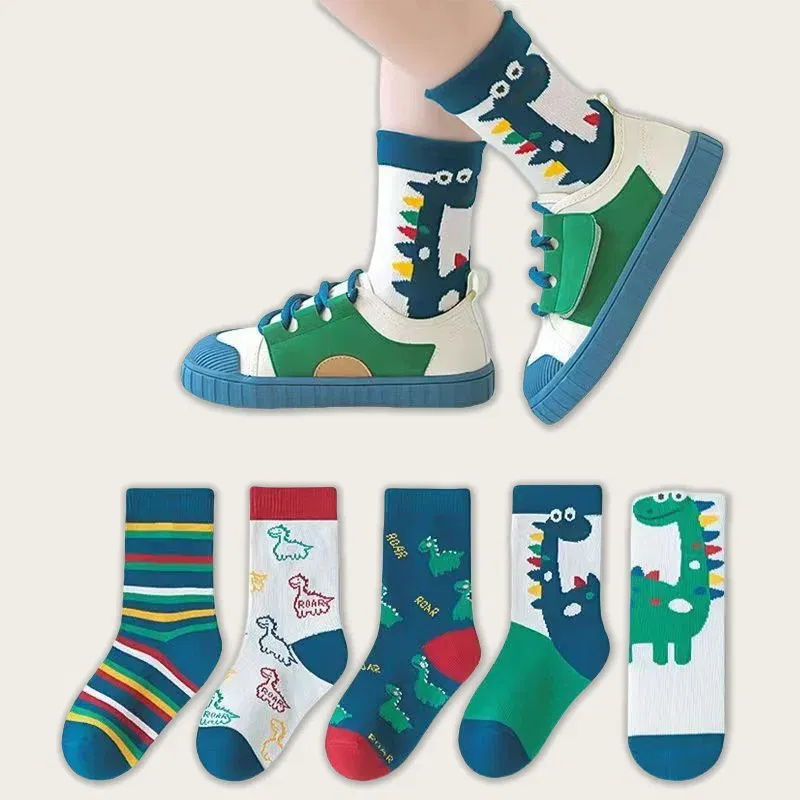 Color: black, Size: 7-9T - Children's Socks Autumn Boys Cartoon Dinosaur Socks 1-14T Kids Cotton Socks Student Sporty Socks 5 Pairs