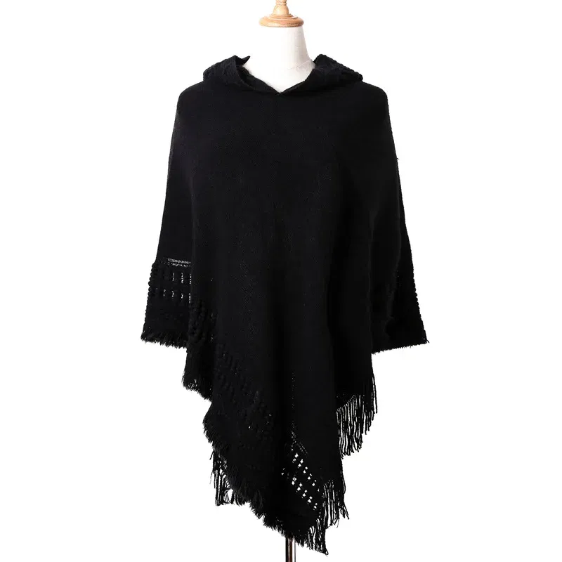Color: black, Size: One Size - New Women Ladies Tassel Cape Coat Fringe Poncho Oblique Stripe Coat Bohemian Shawl Scarf
