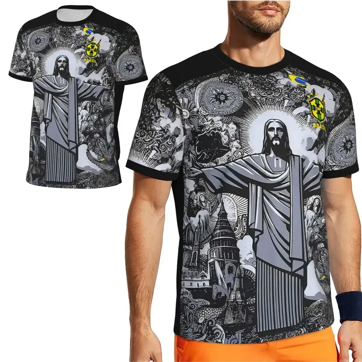 Color: black, Size: XXL - 2024 Brazil Jesus Christ The Redeemer Special Edition Football Jerseys Breathable For Adult Children Soccer Traning Tops Shirts