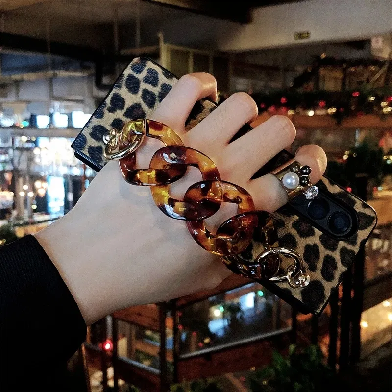 Color: Beige, Material: Aluminum - Luxury Leopard Print PU Leather Phone Case For Samsung Galaxy ZFold 5 Z Fold 4 Z Fold 3 5G Cover with Wrist Strap for Woman Girl