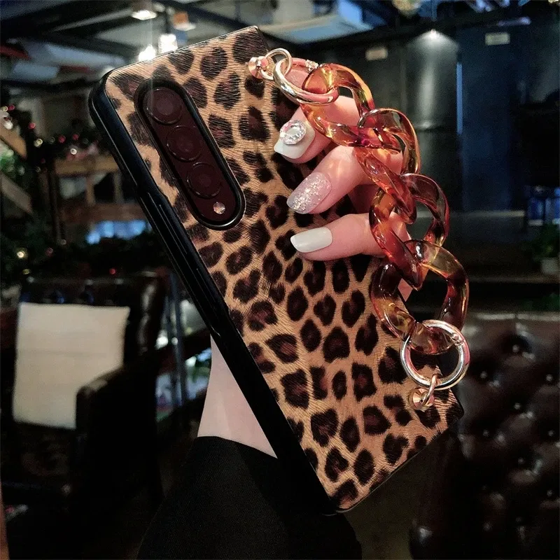 Color: Beige, Material: Aluminum - Luxury Leopard Print PU Leather Phone Case For Samsung Galaxy ZFold 5 Z Fold 4 Z Fold 3 5G Cover with Wrist Strap for Woman Girl