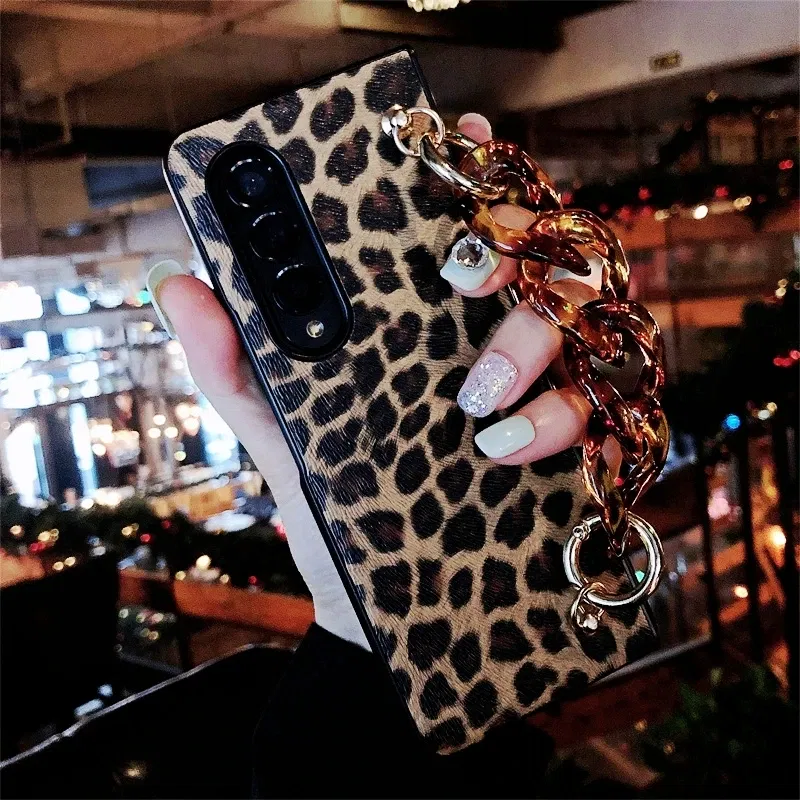 Color: Beige, Material: Aluminum - Luxury Leopard Print PU Leather Phone Case For Samsung Galaxy ZFold 5 Z Fold 4 Z Fold 3 5G Cover with Wrist Strap for Woman Girl