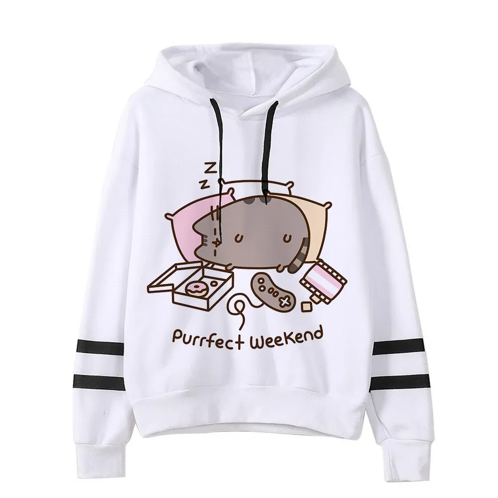 Color: light green, Size: S - Women Ullzang Cute Cat Funny Cartoon Sweatshirt Pusheen Cat Kawaii Harajuku Korean Style Hoodies Graphic Fashion Hoody Female