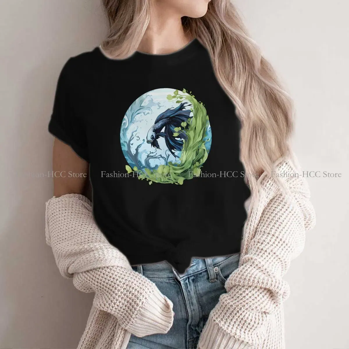 Color: black, Size: XXXL - Betta In A Bubble Hip Hop Polyester TShirt Fish Funny Cartoon Style Tops Leisure T Shirt Female Short Sleeve