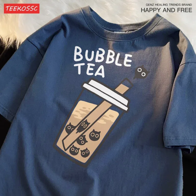 Color: black, Size: XL - Cat Pearl Milk Tea Cartoonmans T Shirt Fitting Loose Tee Clothing Leisure Shoulder Drop T-Shirts Pleasure Cool Short Sleeved