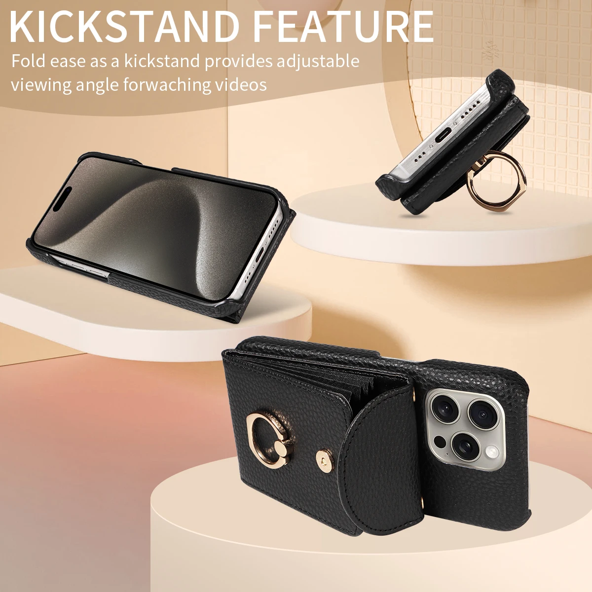 Color: Gold, Compatible-Phone Models: For iPhone 15, Bundle: Case & Strap, Material: Artificial Leather - High Quality Ring Stand Lychee Pattern Phone Case for IPhone16promax15 14 13 Crossbody with Lanyard PU Leather Anti-fall Cover