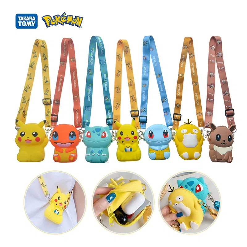 Color: Red - Pokemon Bag Crossbody Bags for Children Mini Coin Purse Kawaii Fashion Toy Anime Action Figures Pikachu Eevee Funny Modelding