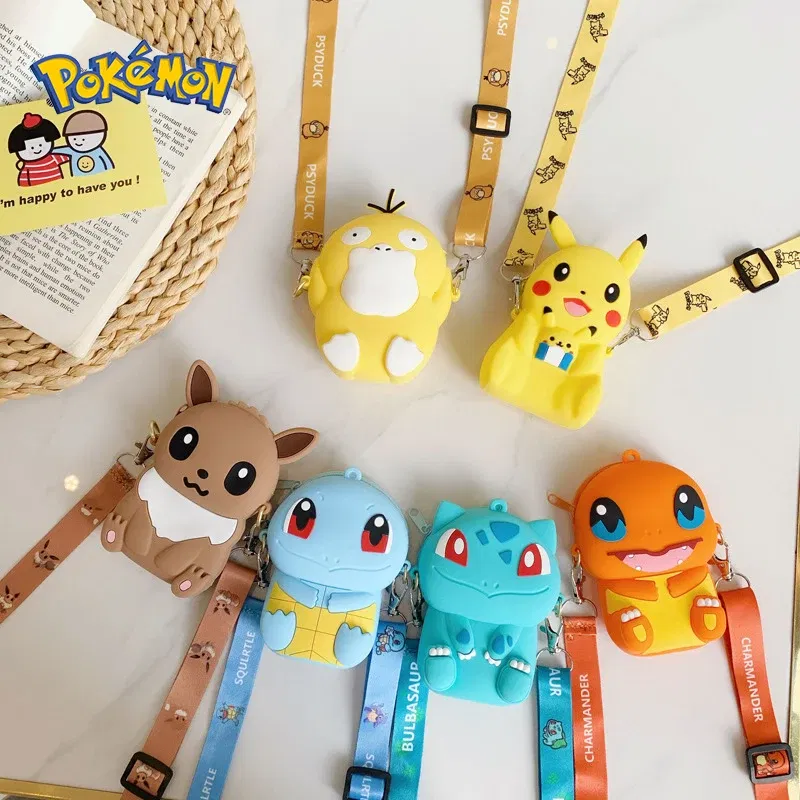 Color: Red - Pokemon Bag Crossbody Bags for Children Mini Coin Purse Kawaii Fashion Toy Anime Action Figures Pikachu Eevee Funny Modelding