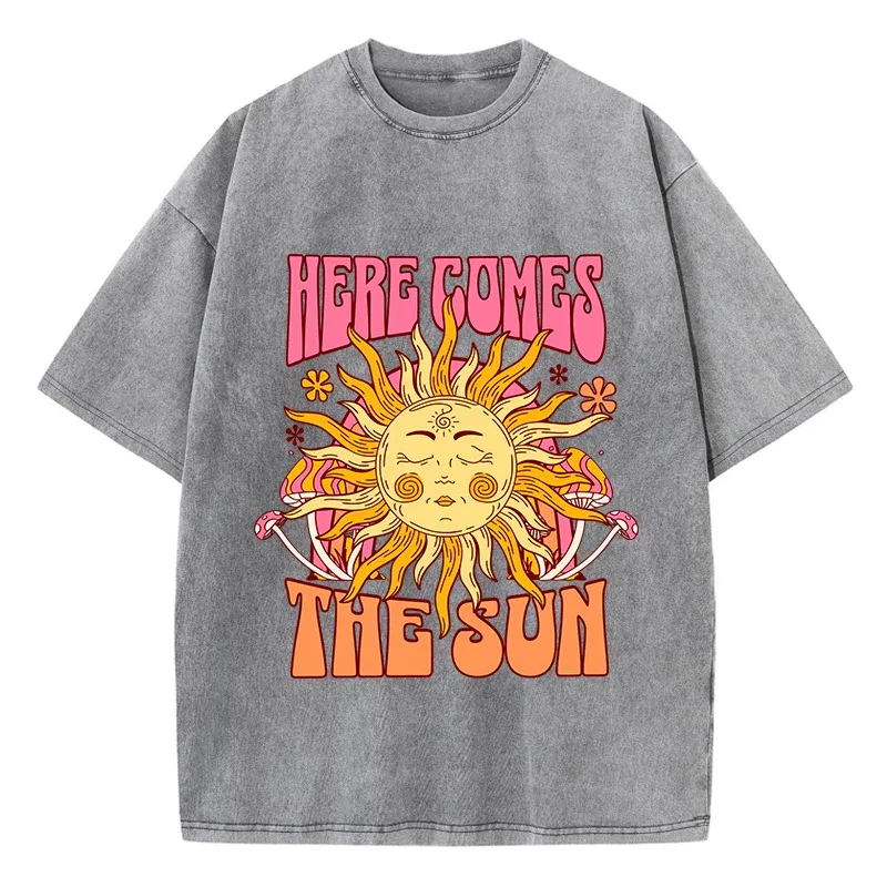 Color: Gold, Size: L - Oversize Women's Washed T-Shirt Cotton Here Comes The Sun Prints T Shirts Casual O-Neck Short Sleeve Tops Loose Women's Clothes