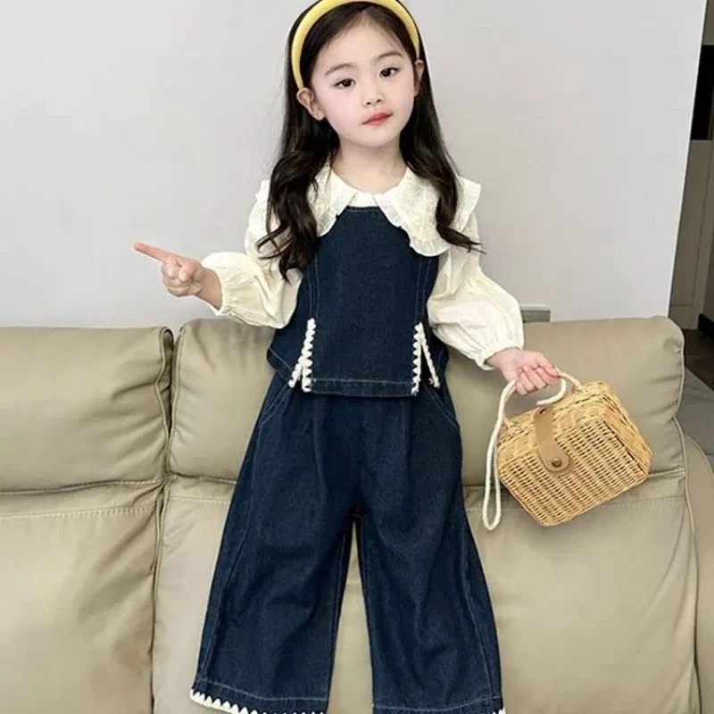 Color: Beige, Kid Size: 6T - Children's Sets 2025 Fall Girls' Denim Vest Set Stylish Shirt + Suspenders Outfit Trendy Toddler 2-Piece Jacket Ensemble