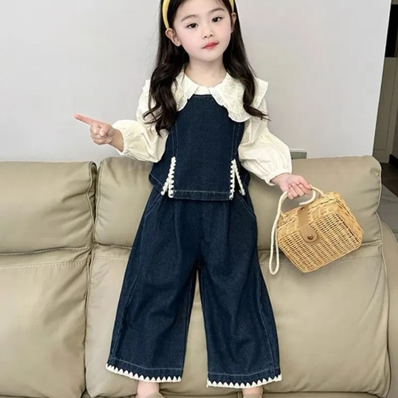 Color: Beige, Kid Size: 6T - Children's Sets 2025 Fall Girls' Denim Vest Set Stylish Shirt + Suspenders Outfit Trendy Toddler 2-Piece Jacket Ensemble