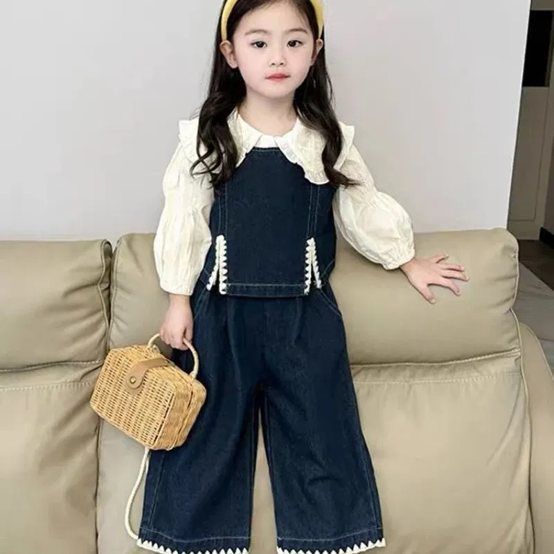 Color: Beige, Kid Size: 6T - Children's Sets 2025 Fall Girls' Denim Vest Set Stylish Shirt + Suspenders Outfit Trendy Toddler 2-Piece Jacket Ensemble