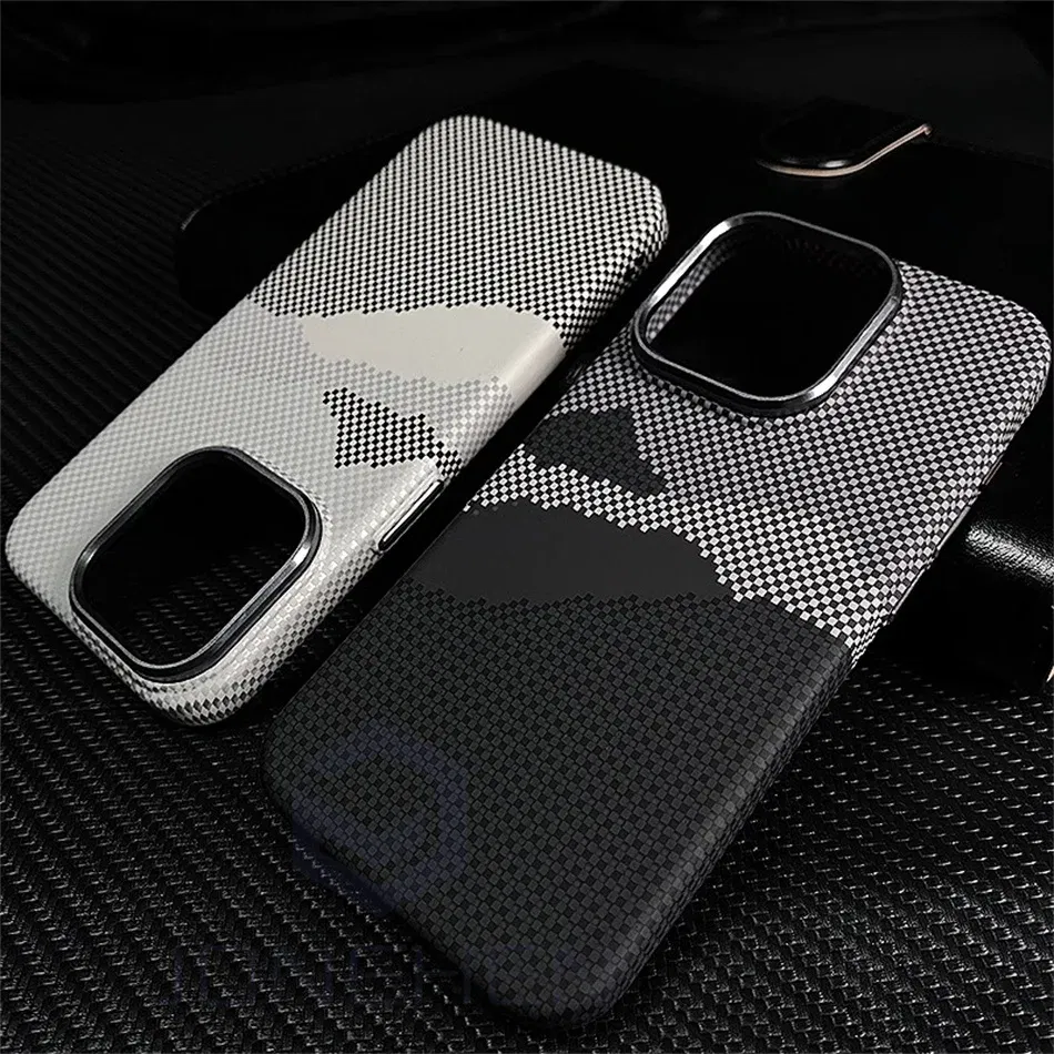 Color: black, Material: Microfiber - Luxury Alloy Lens 3D Relief Peak Carbon Fibre Pattern Case For iPhone 13 14 15 16 Pro Max Slim Shockproof PC Cover For Magsafe