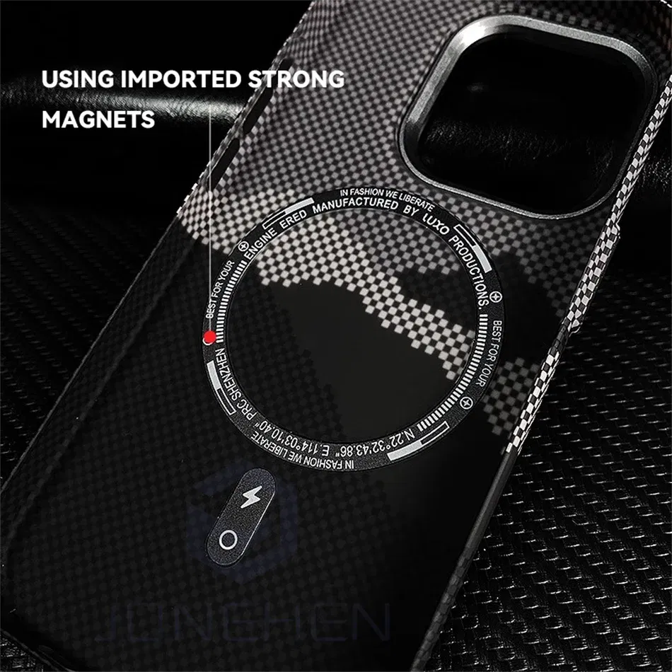 Color: black, Material: Microfiber - Luxury Alloy Lens 3D Relief Peak Carbon Fibre Pattern Case For iPhone 13 14 15 16 Pro Max Slim Shockproof PC Cover For Magsafe