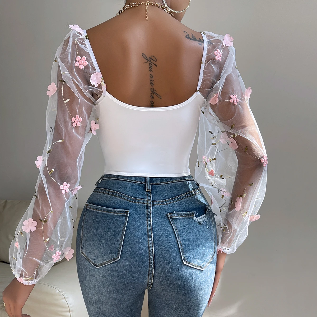 Color: PURPLE, Size: M - Vemina Sexy?‹ Embroidery Long Sleeve Slim Tops For Women Summer,Hollow Mesh Sheer Backless Puff Sleeve Fishbone Skinny Crop Top