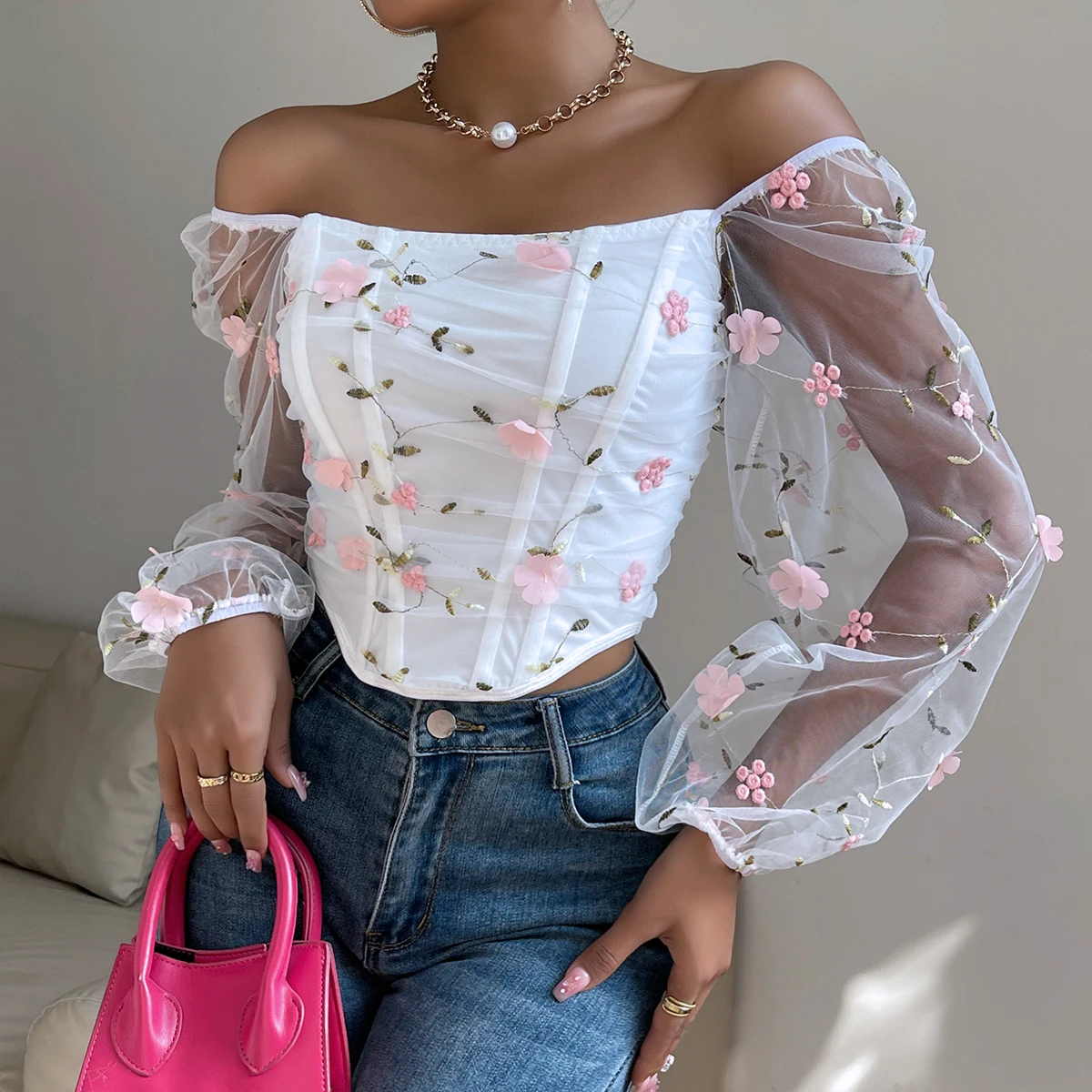 Color: PURPLE, Size: M - Vemina Sexy?‹ Embroidery Long Sleeve Slim Tops For Women Summer,Hollow Mesh Sheer Backless Puff Sleeve Fishbone Skinny Crop Top