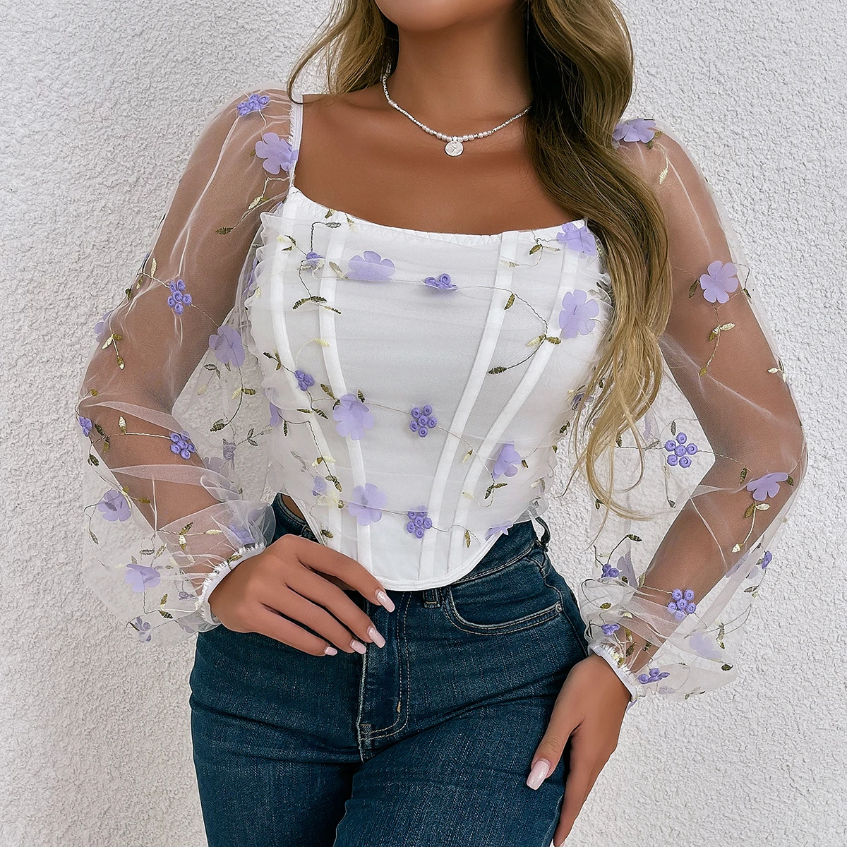 Color: PURPLE, Size: M - Vemina Sexy?‹ Embroidery Long Sleeve Slim Tops For Women Summer,Hollow Mesh Sheer Backless Puff Sleeve Fishbone Skinny Crop Top