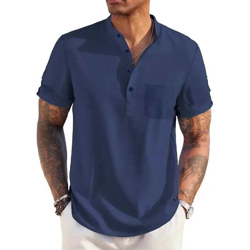 Color: Navy Blue, Size: M - Summer Men's Cotton Linen T-Shirt Henley Neck Pocket Casual Lightweight Breathable Beach Shirt Solid Color Basic Style Tops