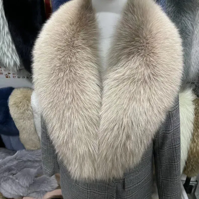 Color: Navy Blue, Size: M - Winter Real Fox Fur Collar Woman Furry Natural Raccoon Fur Scarf Shawls Luxury Neck Warmer Wraps For Coat Fur Scarves Large Size