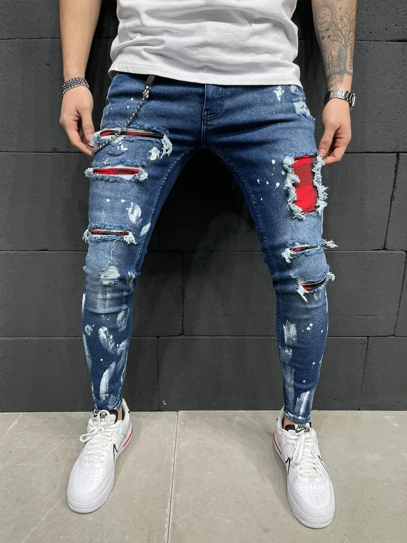 Color: SKY BLUE, Size: XL, Ships From: CHINA - Men's Punk Hip Hop Black Fashion Jeans Spring summer New Rock Motorcycle Street Wear Tight Casual Denim pants Straight leg pants