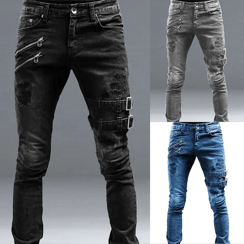 Color: SKY BLUE, Size: XL, Ships From: CHINA - Men's Punk Hip Hop Black Fashion Jeans Spring summer New Rock Motorcycle Street Wear Tight Casual Denim pants Straight leg pants