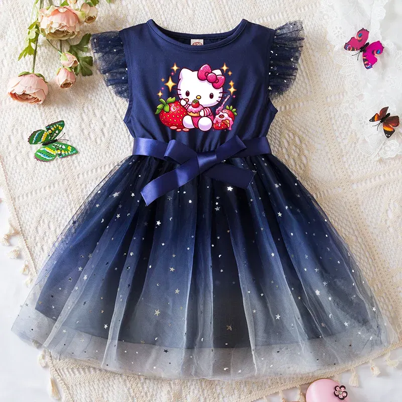 Color: Rose Red, Kid Size: 4T - Hello Kitty Girls Sequin Tutu Dress with Bow Flutter Sleeves Summer Princess Party Outfit for Toddler Kids 2-6 Years
