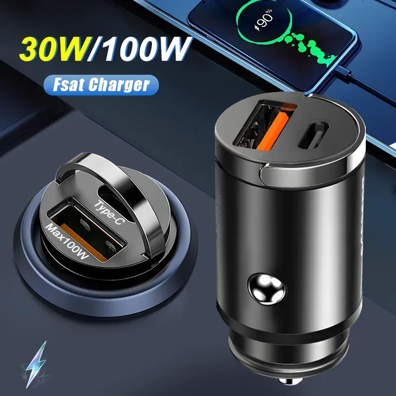 Plug Type: EU - Mini 100W USB Car Charger Dual Ports Pull Ring Fast Charge Type C PD Car Adapter For iphone Samsung Huawei Xiaomi iPad