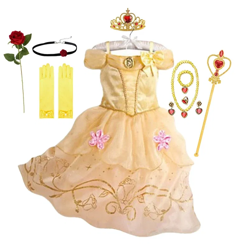 Kid Size: 2T, Color: Coffee - Belle Princess Dress for Girls Cosplay Beauty and The Beast Snow White Costumes Kids Halloween Carnival Birthday Clothes