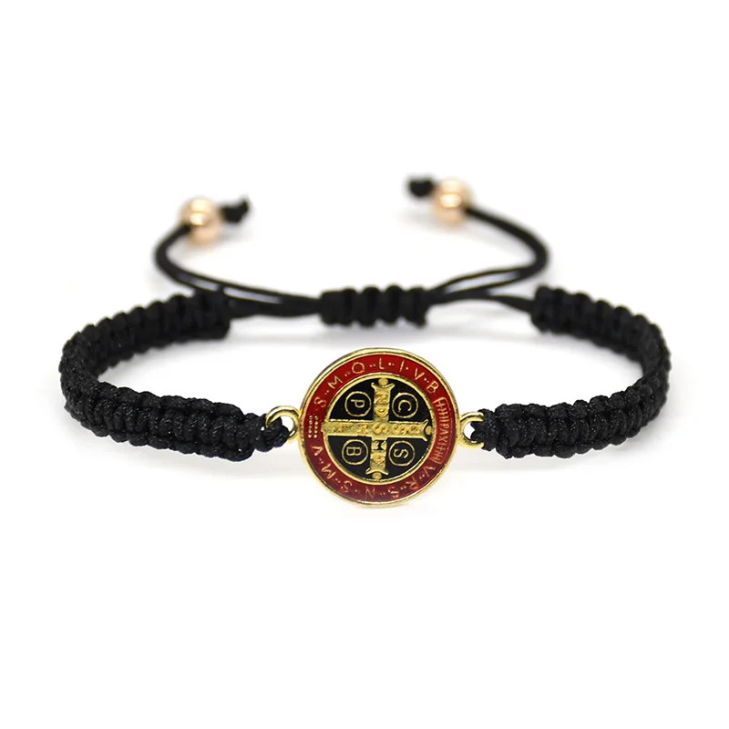 Metal Color: REDDISH BROWN - QIGO St. Benedict Bracelet For Men Women Rope Weave Religious Jewelry Red Black