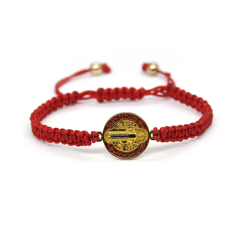 Metal Color: REDDISH BROWN - QIGO St. Benedict Bracelet For Men Women Rope Weave Religious Jewelry Red Black